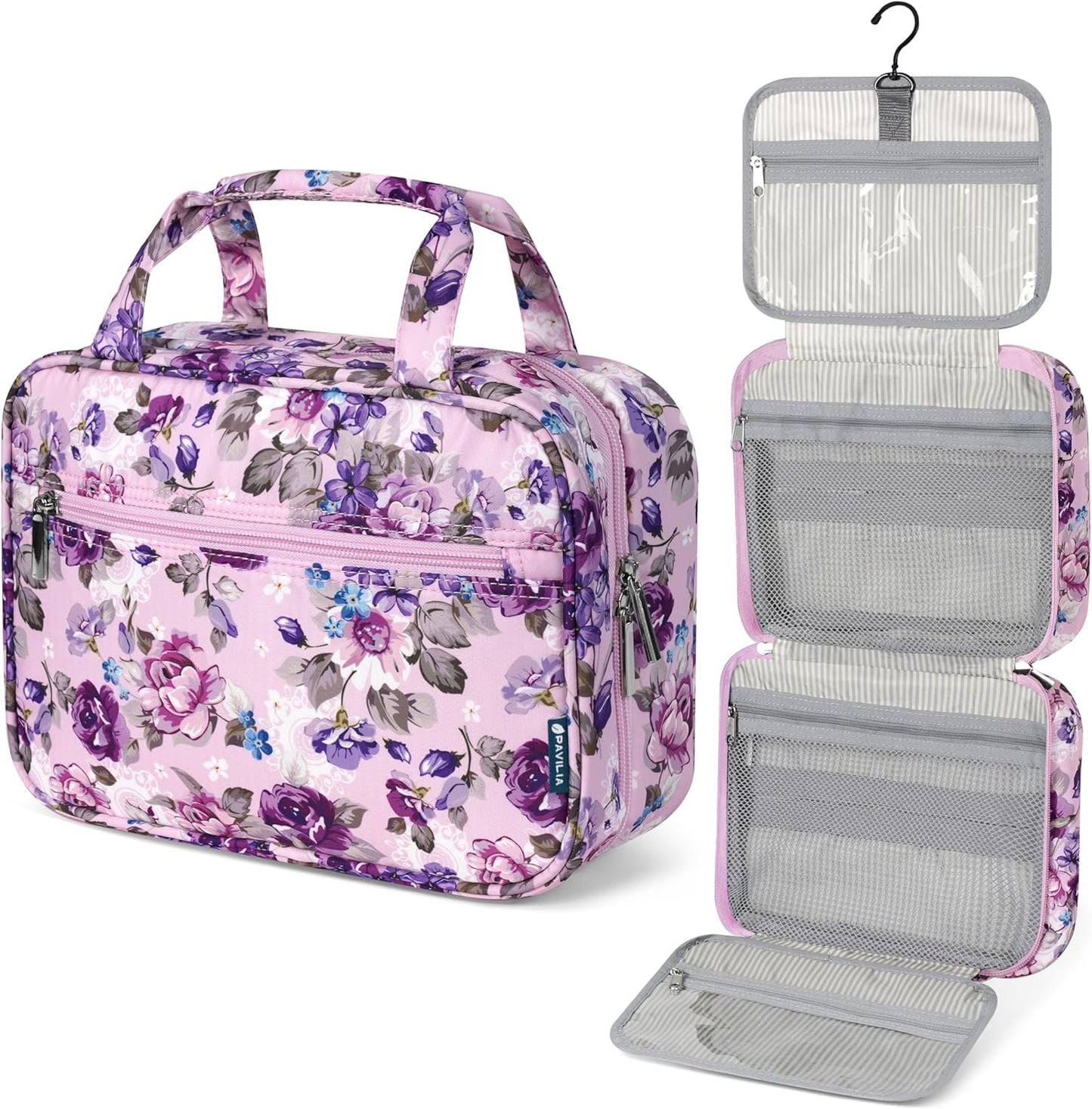 PAVILIA Hanging Toiletry Bag Travel Bag Women Men, Foldable Cosmetic Organizer, Roll up Makeup Bag, Water Resistant Accessories Toiletries, Large Travel Essentials Kit (Purple Floral)
