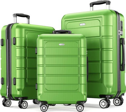SHOWKOO Luggage Sets Expandable PC+ABS Durable Suitcase Sets Double Wheels TSA Lock Green 3pcs