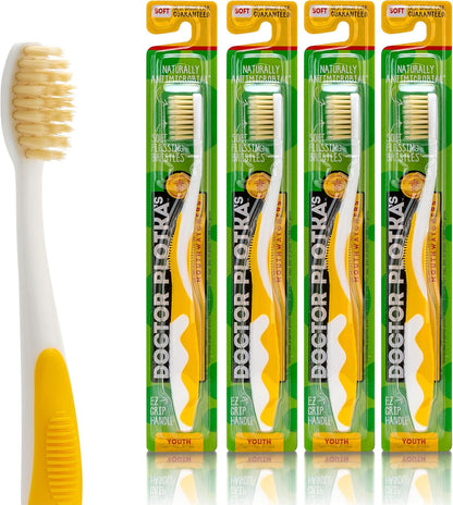 MOUTHWATCHERS Soft Childrens Flossing Manual Toothbrush, Value Pack of 4, Yellow Toothbrushes for Kids & Teens, Ultra Clean, by Dr. Plotka's
