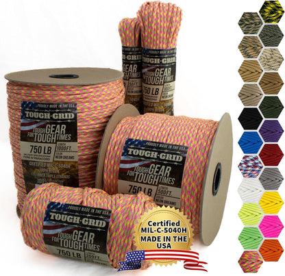 TOUGH-GRID 750 Paracord Rope Nylon Parachute Cord, Made in USA Survival Kit, Outdoor Adventures, Camping, Tactical Gear & Emergency Supplies, Military Type IV Mil-Spec