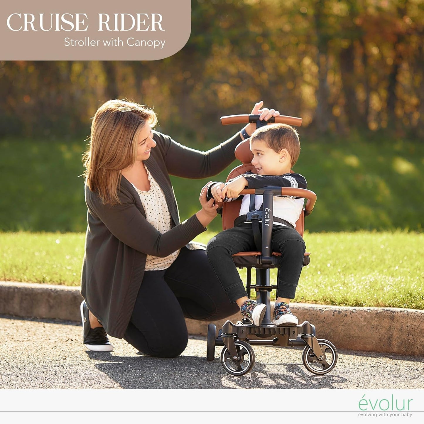 Evolur Cruise Rider Stroller with Canopy, Lightweight Umbrella Stroller with Compact Fold, Easy to Carry Travel Stroller - Cognac