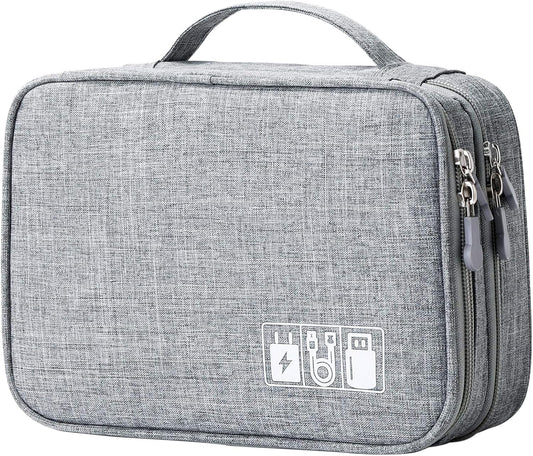 MIRLEWAIY Portable Electronics Accessories Organizer Bag Travel Charger Cable Storage Soft Case Double Layer for Hard Drives, Cord, USB, SD Cards Carrying, Grey