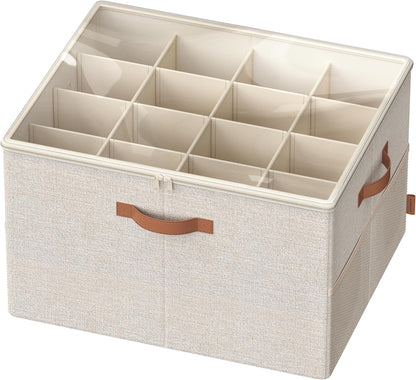 SONGMICS Shoe Organizer for Closet, Shoe Storage Bin, Fits 16 Pairs, Fabric Container with Handles and Clear Cover, Adjustable Dividers, Customizable, Cappuccino Beige ULSP555K01