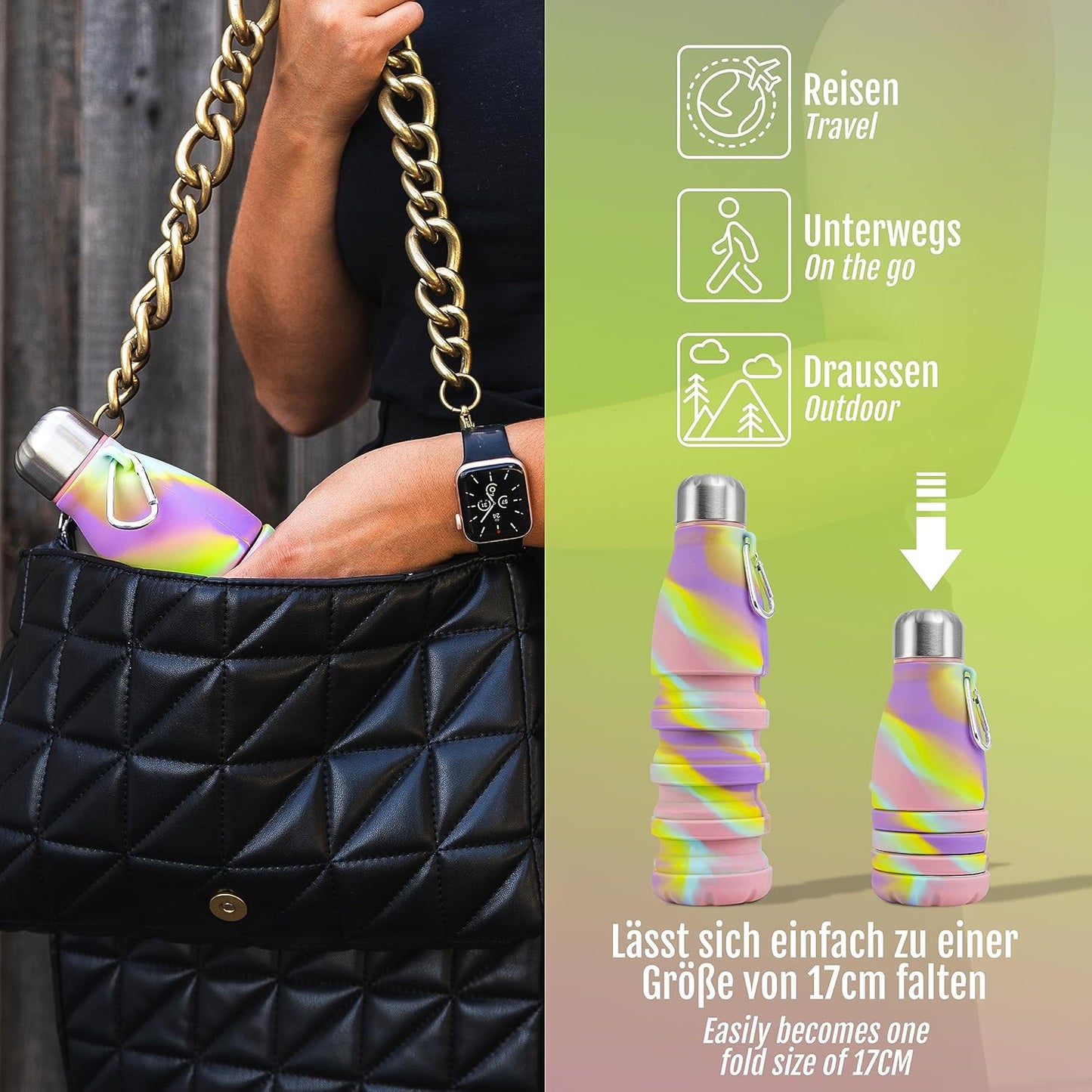 Foldable Drinking Bottle - BPA-free, leak-proof - Ideal festival accessory and practical outdoor companion with carabiner (Colorful)