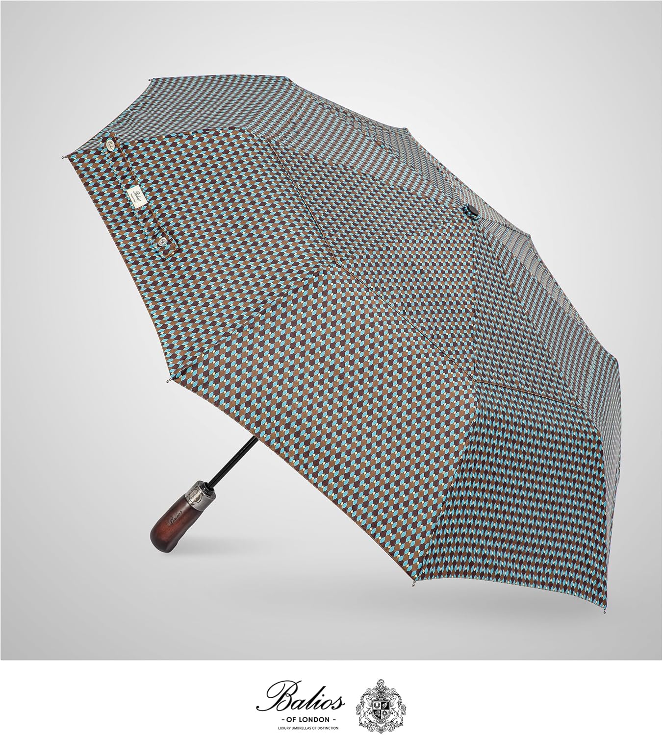 Balios Travel Folding Umbrella with Real Wood Handle Auto Open Close Vented Windproof Canopy - Designed in UK