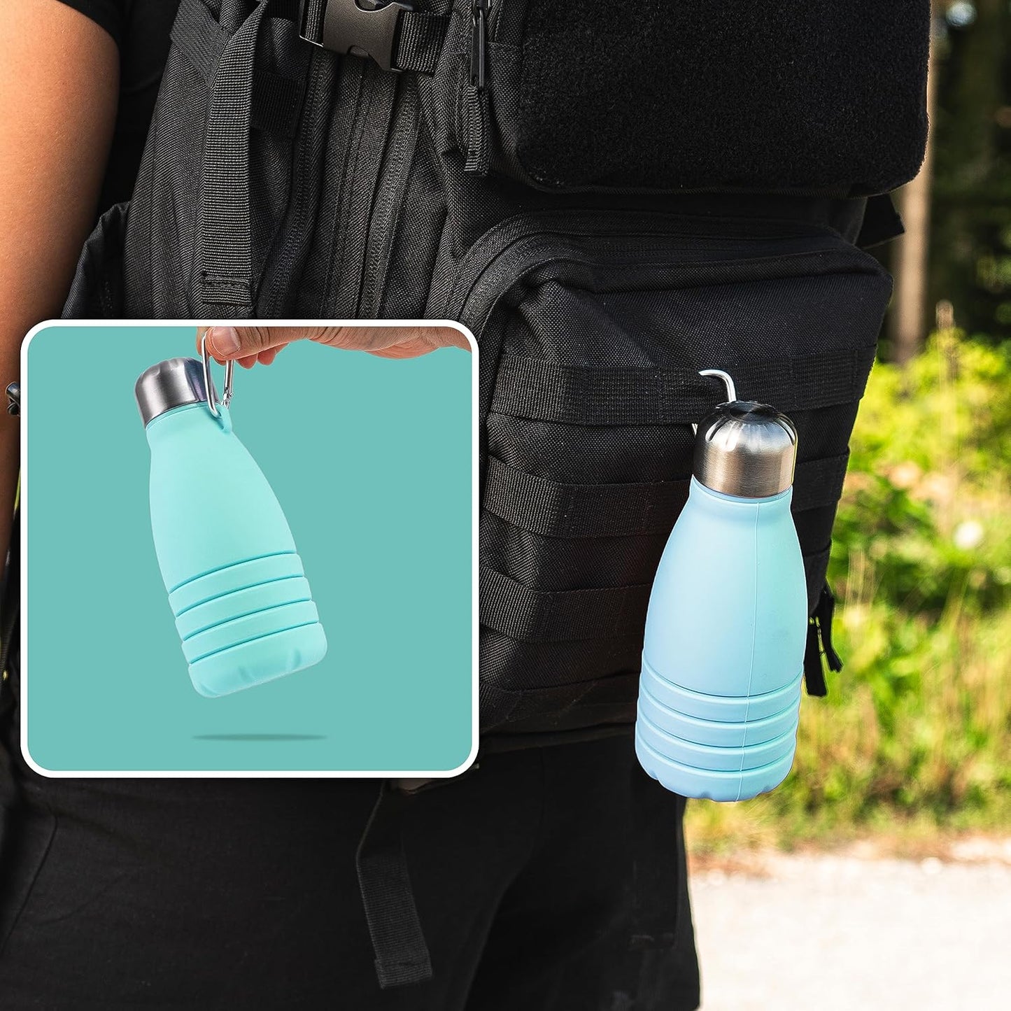 Foldable Drinking Bottle - BPA-free, leak-proof - Ideal festival accessory and practical outdoor companion with carabiner (Turquoise)