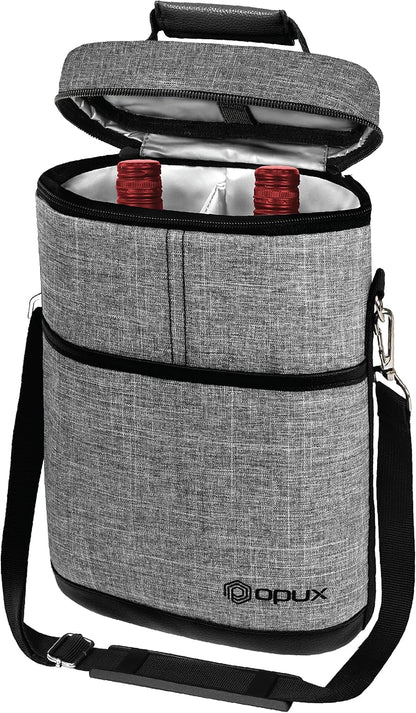 opux 2 Bottle Wine Carrier Tote, Insulated Leakproof Wine Cooler Bag, Wine Travel Bag for Picnic BYOB Beach, Portable Wine Bottle Carrying Case, Gift for Wine Lover Women Men Christmas, Heather Grey