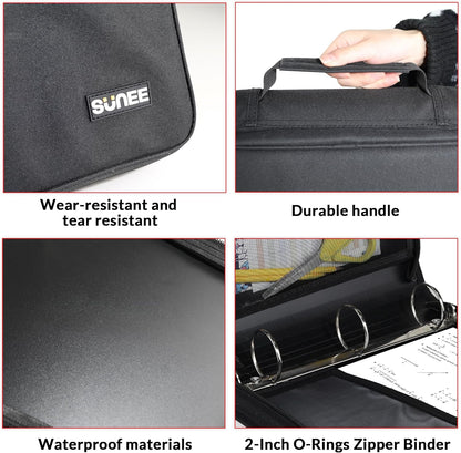 SUNEE Zippered Binder Bag with Handle, 2-Inch 3-Ring O-Ring, 500-Sheet Capacity, Includes Zip Pocket, 5-Tab Expanding File Folder, Multi-Pocket Organizer Binder Suitable for Middle School, Black