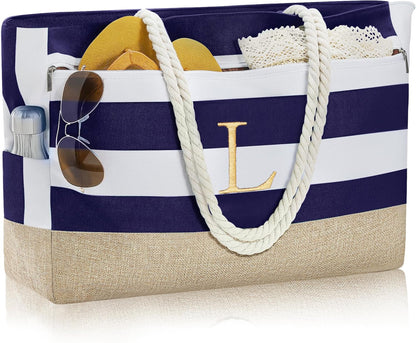 YOOLIFE Large Initial Beach Bag Waterproof Tote Zipper Bag Personalized Gifts for Women Her Birthday Travel Beach Essential