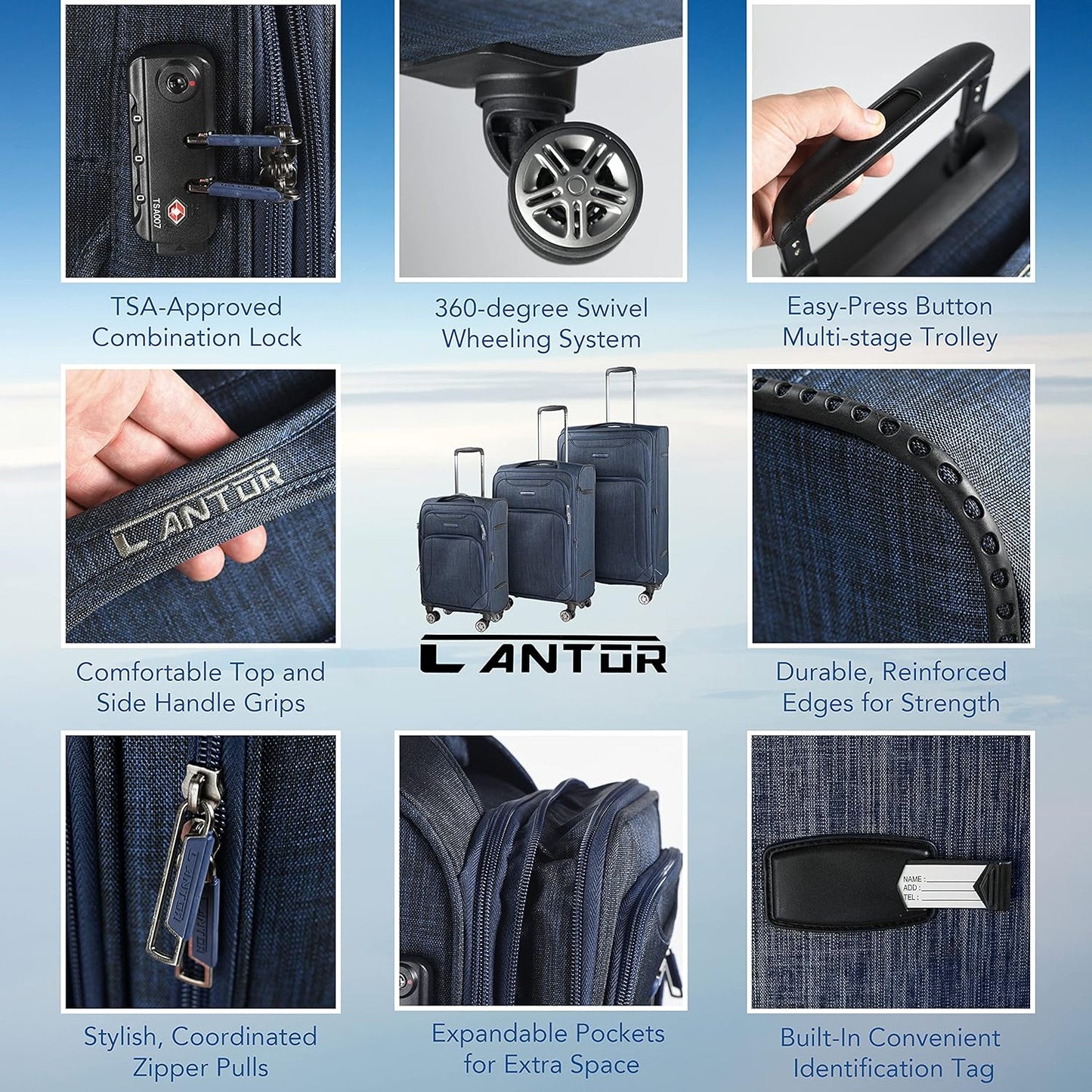 Cantor Ultra Lightweight Softside Luggage with Spinner Wheels, Set of 3, Expandable Suitcase with Retractable Handle and ID Tag, and Interlocking Zippers with TSA Lock