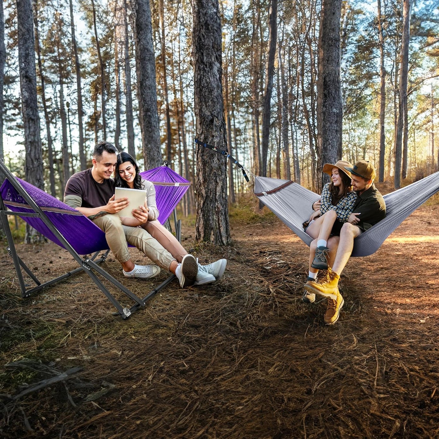 Tranquillo Combo x2 Hammocks with Stand for Outside & Tree Straps, Heavy Duty Hammock with Stand 600lbs for Indoor Outdoor Patio Backyard, x2 Hammocks for 2 Person, Portable Carrying Bags, Purple