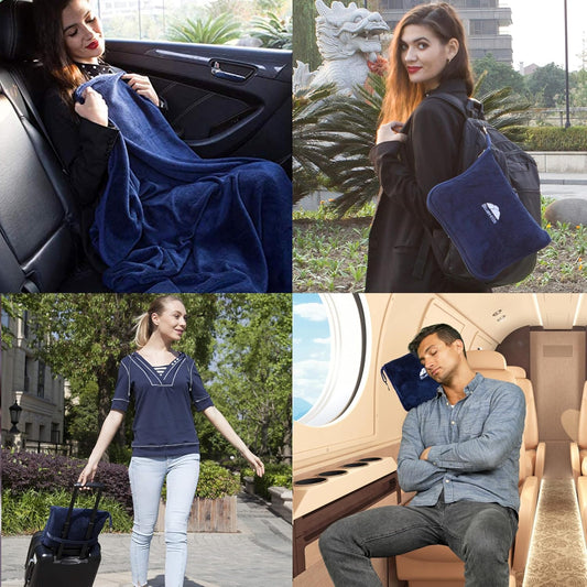 BlueHills Premium Soft Long Travel Blanket Pillow for Tall Airplane Flight Blanket Throw Luggage Belt & Backpack Clip Compact Packable Car Large 2 in 1 Combo Warm Gifts Navy Blue T051