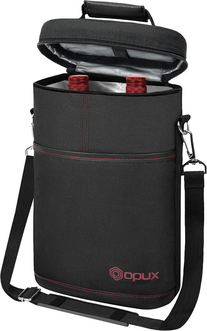 opux 2 Bottle Wine Carrier Tote, Insulated Leakproof Wine Cooler Bag, Wine Travel Bag Tote for Picnic BYOB Beach, Portable Wine Bottle Carrying Case, Gift for Wine Lover Women Men Christmas, Black