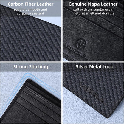 VISOUL Mens Carbon Fiber Leather Bifold Wallet with 2 ID Windows, RFID Blocking Secure Designer Wallets for Men with Two Cash Compartments (Black+Black)
