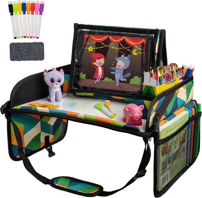 Lusso Gear Kids Travel Tray for Toddlers & Kids - Car Seat Lap Tray for Airplane & Road Trip Activities (Geometric)