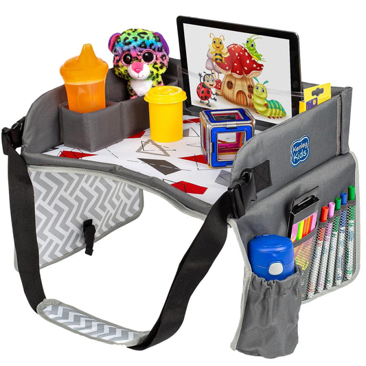 Kenley Kids Travel Tray, Toddler Car Seat Lap Tray, Road Trip Essentials Activity Table (Red/Gray)