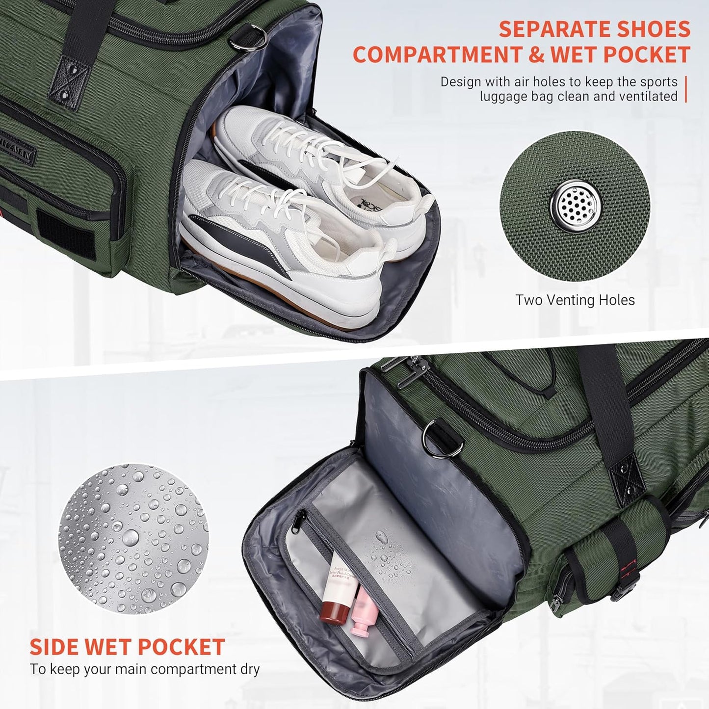 WITZMAN Travel Duffel Bags for Men Large Carry On Weekender Overnight Bag 3 in 1 Backpack with Shoe Compartment (B693 Army Green）