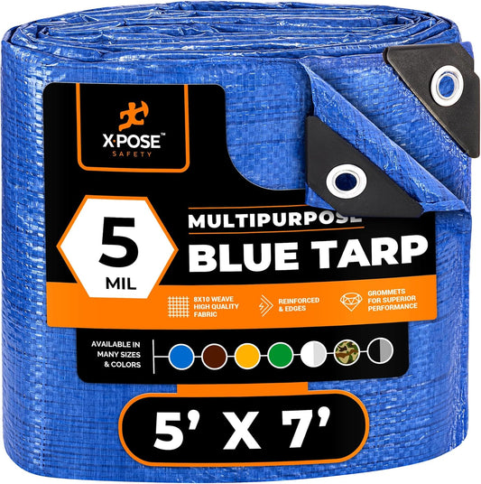 Better Blue Poly Tarp - 5' X 7' - Multipurpose Protective Cover, Lightweight, Durable, Waterproof, Weather Proof - 5 Mil Thick Polyethylene - by Xpose Safety