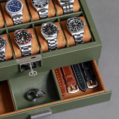 ROTHWELL 10-Slot Watch Box in Leather with Valet Drawer, Luxury Watch Case Display Organizer with Ultra Soft Microsuede Liner, Jewelry and Sunglass Holder With Large Glass top (Green/Tan)