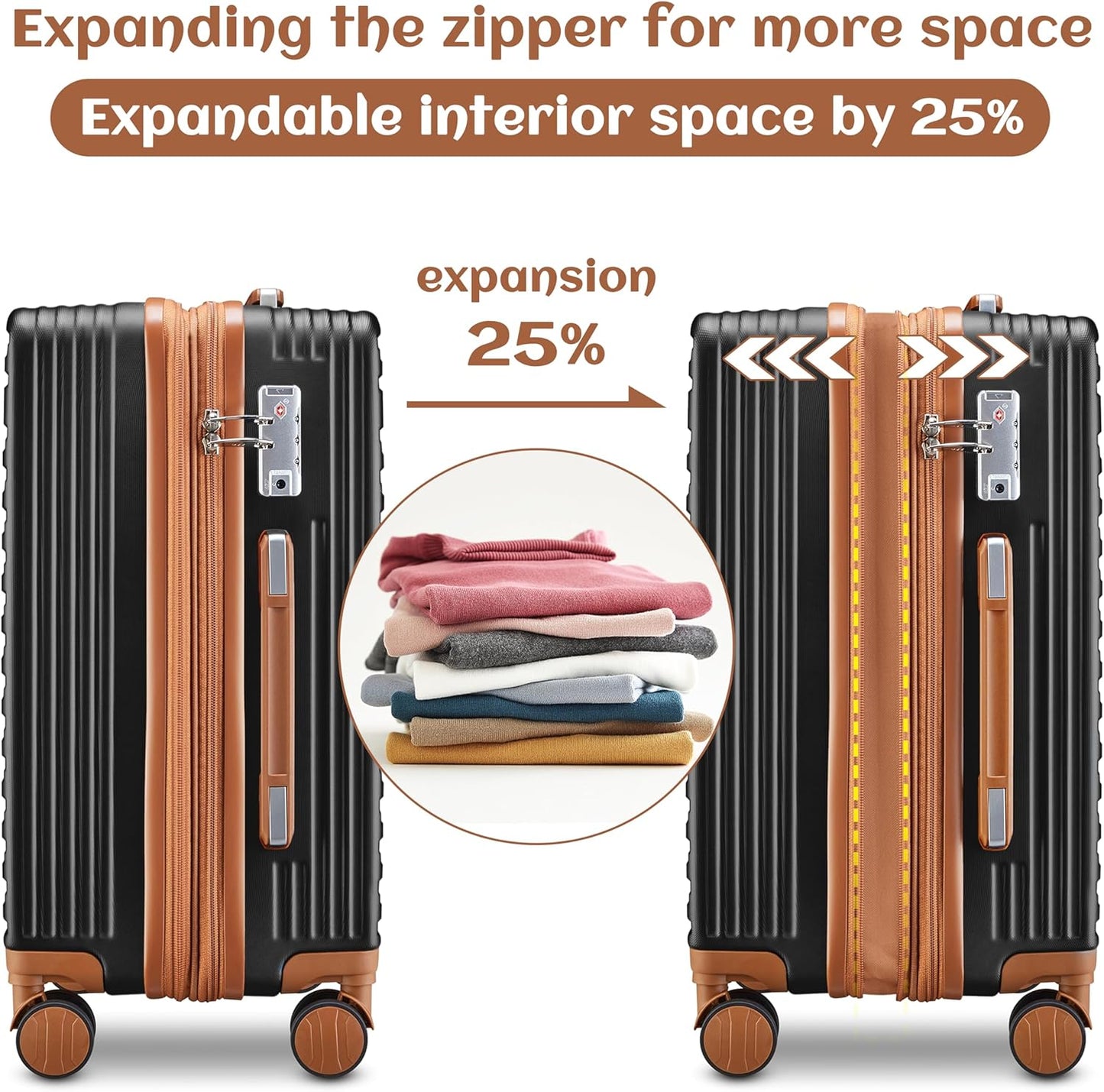 imiomo Luggage Sets 3 Piece,Expandable Hardside Suitcase Set with Spinner Wheels,Lightweight Travel Luggage set with TSA Lock（20/24/28,Black）