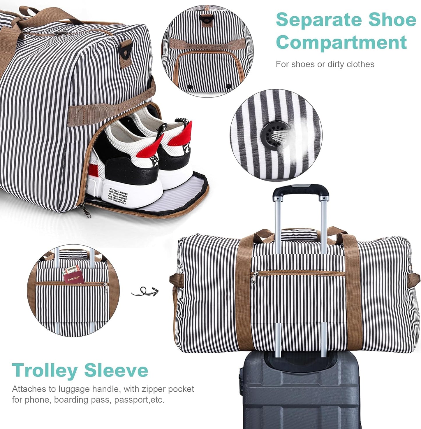 80L Duffle Bag for Travel, Large Foldable Waterproof Travel Duffel Bags Weekender Overnight Bag for Men and Women with Shoe Compartment (Stripe)