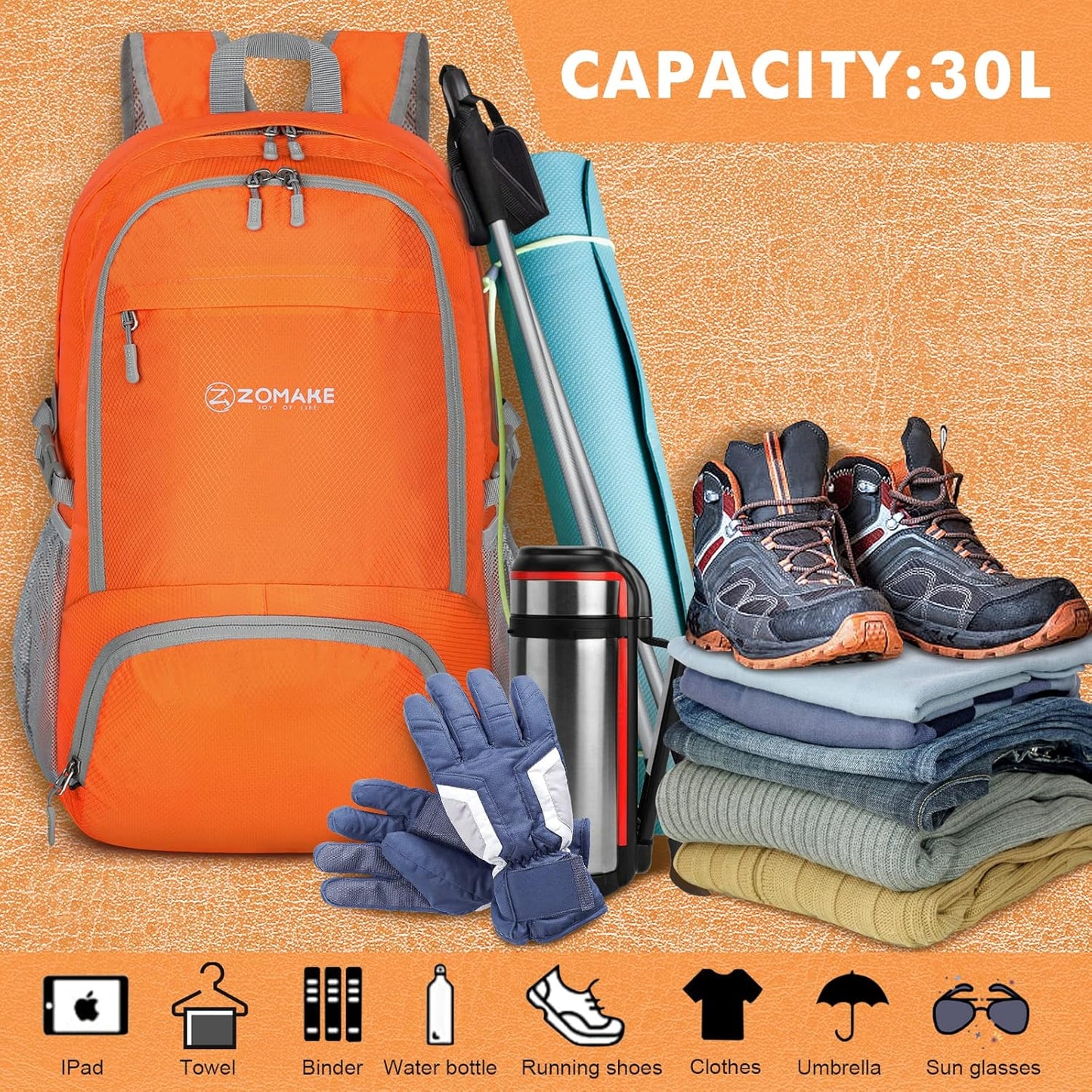 ZOMAKE Lightweight Packable Backpack 30L, Foldable Hiking Backpacks Water Resistant Compact Folding Daypack for Travel(Orange)