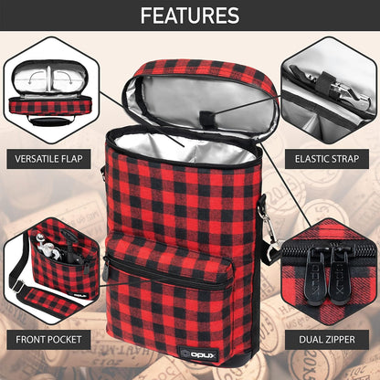 Opux 2 Bottle Wine Tote Carrier, Insulated Cooler Bag for Travel Picnic, Leakproof Padded Case, Wine Gifts for Women & Men, Plaid Buffalo Red