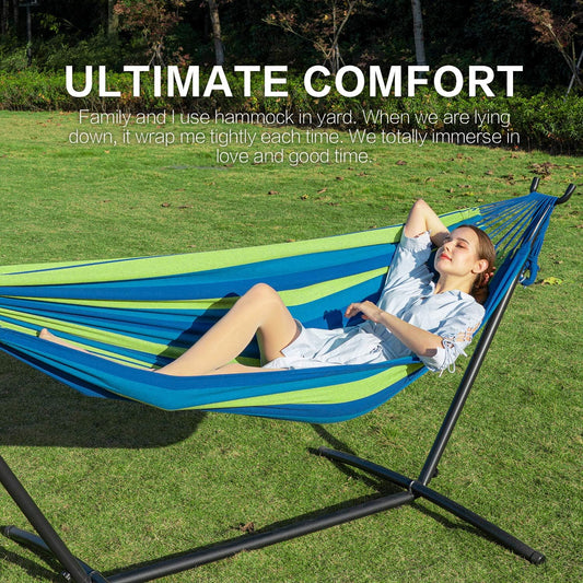 PNAEUT Double Hammocks with Stand for Outside, Portable Space Saving Heavy-Duty Steel Stand for Indoor Outdoor Patio with Carrying Bag, 450 lbs Capacity (Blue)