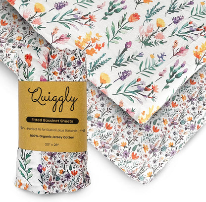Quiggly Bassinet Sheets for Guava Lotus, 2 Pack Organic Cotton Jersey Knit, Vibrant Floral Patterns - Fits Travel Crib Mattresses for Boys & Girls (Bassinet, Wildflower Dreamin')