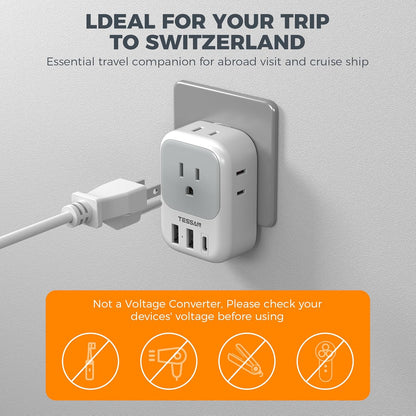 Switzerland Power Adapter 2 Pack, TESSAN Type J Adaptor with 4 Outlets 3 USB Charging Ports(1 USB C), Swiss Travel Plug for US to Switzerland, Liechtenstein, Rwanda