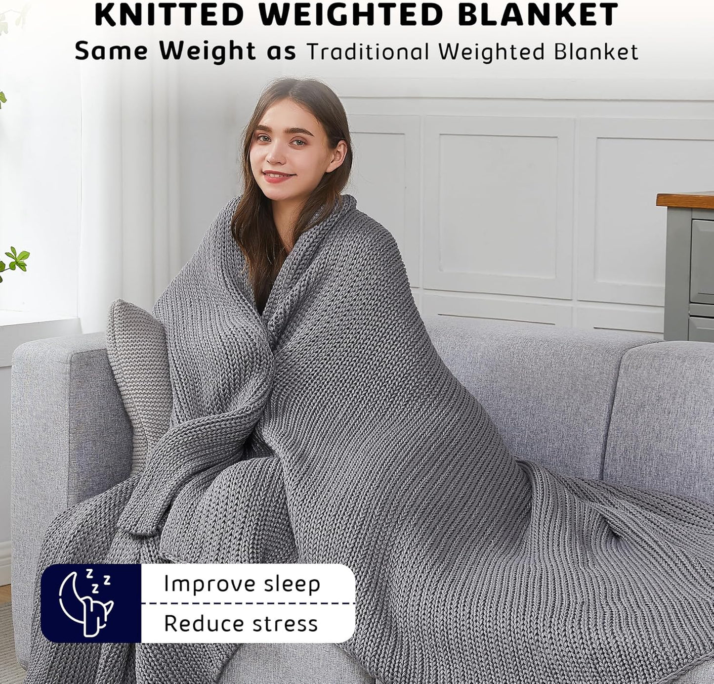 L'AGRATY Knitted Weighted Blanket - 50"x60" 10lbs Cooling Chunky Knit Heavy Blanket for Adults Braided Crochet Throw Thick Cable Yarn Knit Decorative No Beads Evenly Weighted Machine Washable