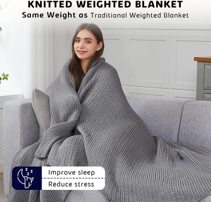 L'AGRATY Knitted Weighted Blanket - 60"x80" 15lbs Cooling Chunky Knit Heavy Blanket for Adults Braided Crochet Throw Thick Cable Yarn Knit Decorative No Beads Evenly Weighted Machine Washable