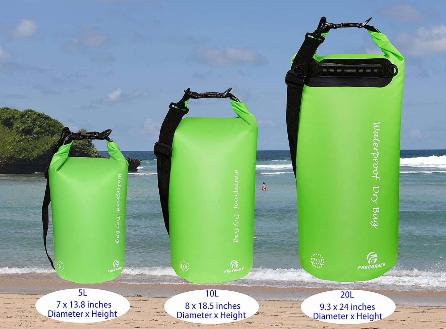 Freegrace Waterproof Dry Bags Set Of 3 Dry Bag With 2 Zip Lock Seals & Detachable Shoulder Strap, Waist Pouch & Phone Case - Can Be Submerged Into Water - For Swimming (Green, 5L)
