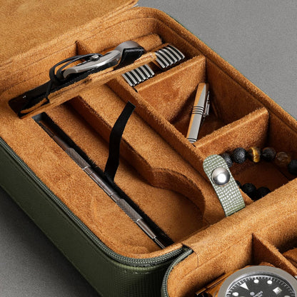 ROTHWELL 5 Watch Travel Case Storage Organizer for 5 Watches | Tough Portable Protection w/Zipper Fits All Wristwatches & Smart Watches Up to 50mm (Green/Tan)