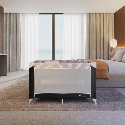 Foundations Sleep 'N Store Baby Pack and Play Yard - Portable Playpen with Removable Bassinet, Foldable Travel Playpen with Storage Bag & Foam Mattress, Designed for Hotels & Daycares- Mod Plaid Gray