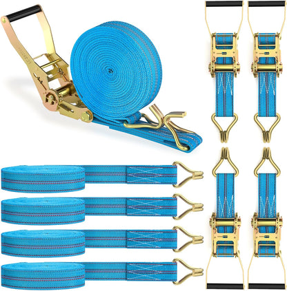 4Pack Heavy Duty Ratchet Straps, 2” 32Ft Ratchet Tie Down Strap, Tie Down Ratcheting with Double J Hook, 4000 LB Break Strength Cargo Straps Ratcheting for Moving Cargo, Lawn Equipment and Motorcycles