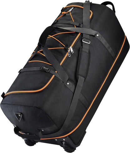 Rolling Duffle Bag with Wheels,110L/140L Expandable Soft-Sided Foldable Duffle Bag with 2 Rubber Wheels,Packable 32” Rolling Carry-On with Multi-Pockets & Compartments (Black Orange)