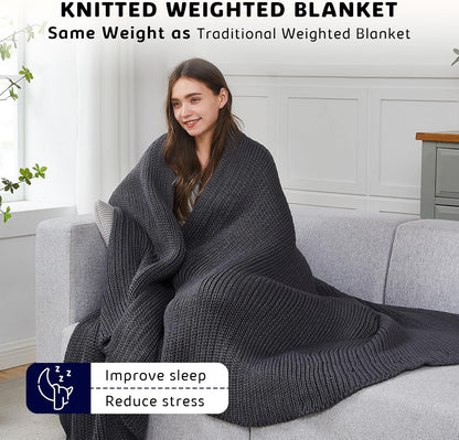L'AGRATY Knitted Weighted Blanket - 48"x72" 12lbs Cooling Chunky Knit Heavy Blanket for Adults Braided Crochet Throw Thick Cable Yarn Knit Decorative No Beads Evenly Weighted Machine Washable