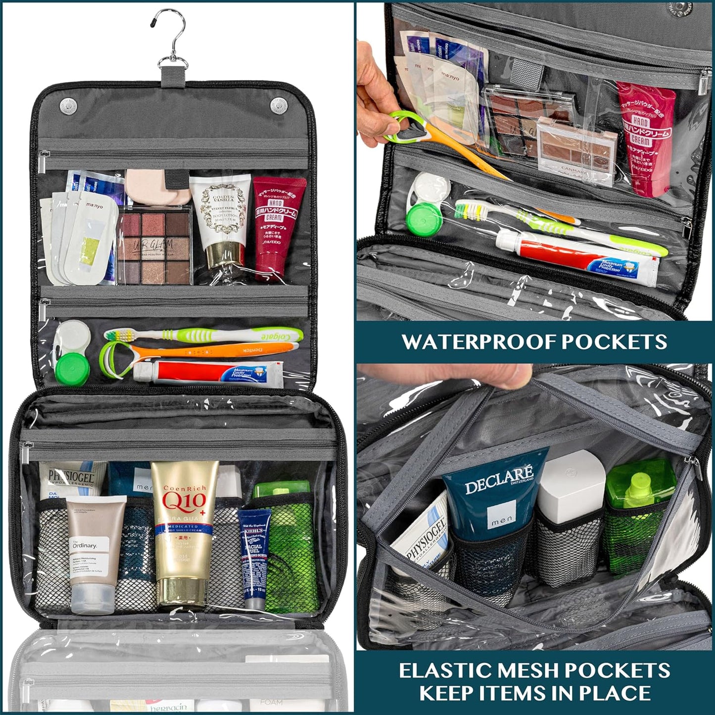 PAVILIA Hanging Toiletry Bag Women Men, Foldable Cosmetic Organizer Travel Bag, Water Resistant Makeup Bag Toiletries, Large Travel Essentials Kit (Black)