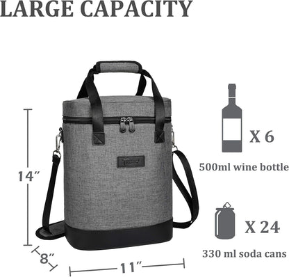 Tirrinia 6 Bottle Wine Cooler Bag - Insulated Padded Portable Versatile Wine Gift Carrier Tote Bag for Travel, BYOB Restaurant, Wine Tasting, Party, Pecfect Gift for Wine Lover, Grey