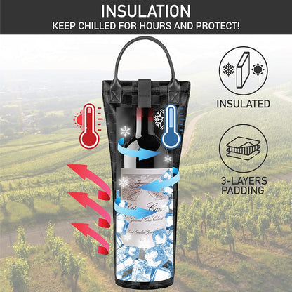 opux Wine Bag Single Bottle Carrier Tote, Insulated Travel Wine Cooler Bag for Picnic Beach Gift, Thermal Padded Portable One Bottle Holder Carrying Case for Women Men Wine Lovers, Black Square