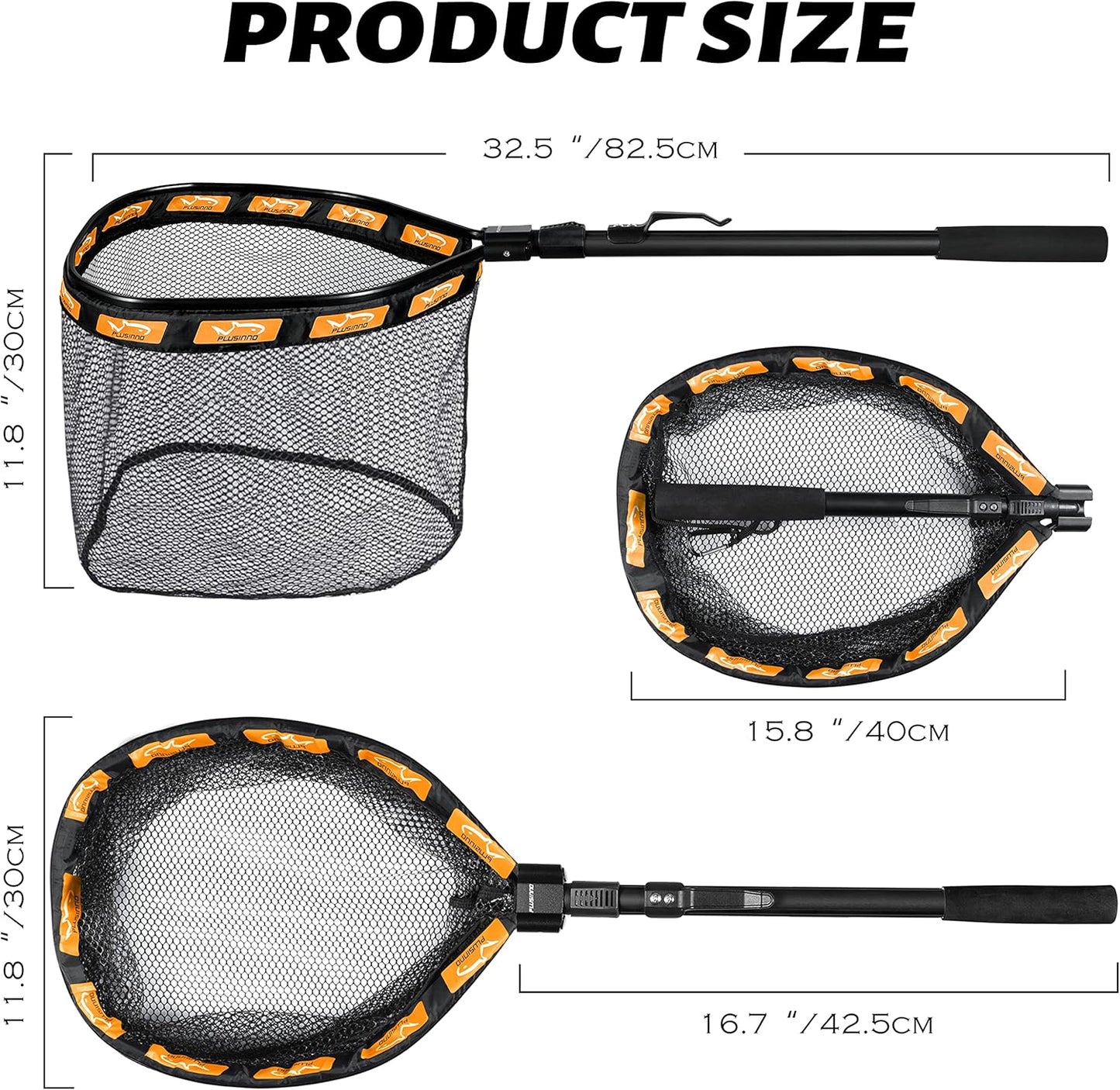 PLUSINNO Floating Fishing Net for Steelhead, Salmon, Fly, Kayak, Bass, Trout Fishing, Catfish, Rubber Coated Landing Net for Easy Catch & Release for Easy Transportation & Storage