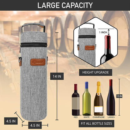 opux Wine Bag Single Bottle Carrier Tote, Insulated Wine Cooler Bag for Travel Picnic Beach with Shoulder Strap, Thermal One Bottle Holder Carrying Case Wine Gift for Women Men, Heather Light Gray