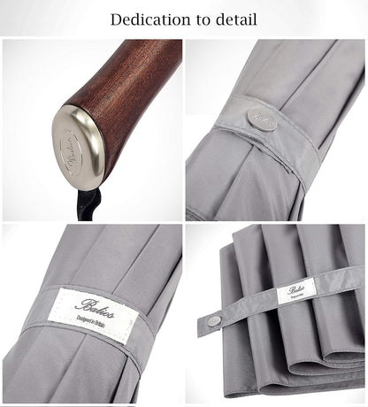 Balios (Designed in UK) Travel Umbrella Luxurious Golden Hardwood Handle Auto Open & Close Windproof Frame Single Canopy Automatic Folding Umbrella Men's & Ladies