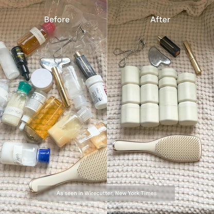 Cadence Travel Containers - Body Care Capsule Set - Magnetic Containers with Lids,Carry On Travel Essentials for Women/Men - 3 Flex Mediums (1.32oz) - Body Wash, Lotion & Sun Icon Labels - Sand
