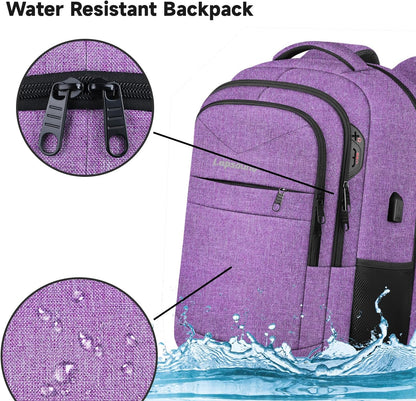 Lapsouno Extra Large Travel Backpack, Travel Laptop Backpack, Multiple Pockets 17.3 Inch Carry on Backpack with USB Port, TSA Friendly Water Resistant College School Business Bag for Women, Purple