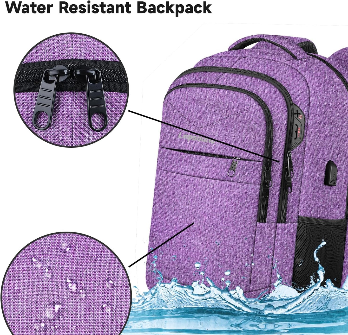 Lapsouno Travel Backpack, Travel Laptop Backpack, Multiple Pockets 15.6 Inch Carry on Backpack with USB Port, TSA Friendly Water Resistant College School Business Bag for Women, Purple