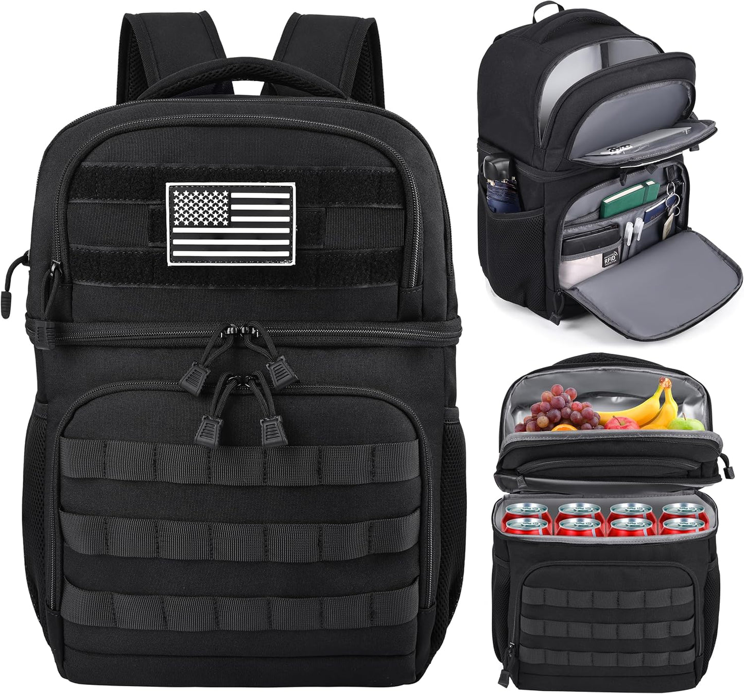 MOZETO Lunch Backpack for Men, Tactical Inspired Double Deck Cooler Backpack Insulated Leakproof RFID Lunchbox for Work