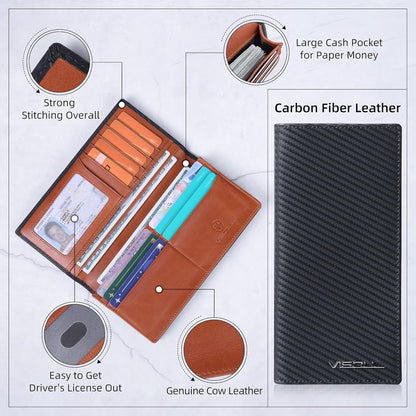 VISOUL Mens Billfold Long Checkbook Wallet Leather with RFID Blocking, Large Bifold Secretary Cash Wallet Tall with 12 Card Slots for Men (Black+Orange)