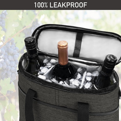 opux 3 Bottle Wine Carrier Tote, Insulated Leakproof Wine Cooler Bag, Wine Travel Bag for Picnic BYOB Beach, Portable Wine Bottle Carrying Case, Gift for Wine Lover Women Men Christmas, Charcoal Grey